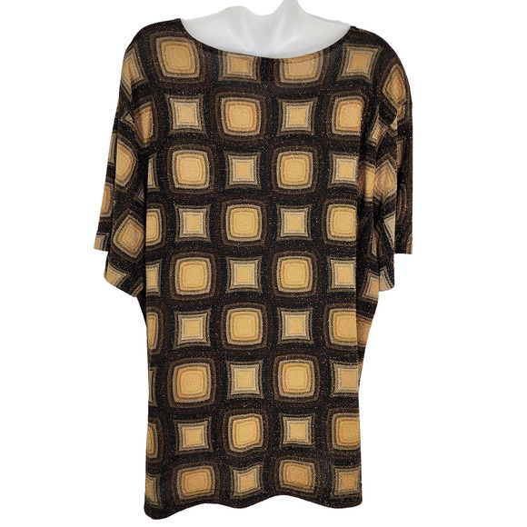 Vintage Joanna Plus Top 2X Gold Black Metallic Sparkle Geometric Short Sleeves - Picture 2 of 8